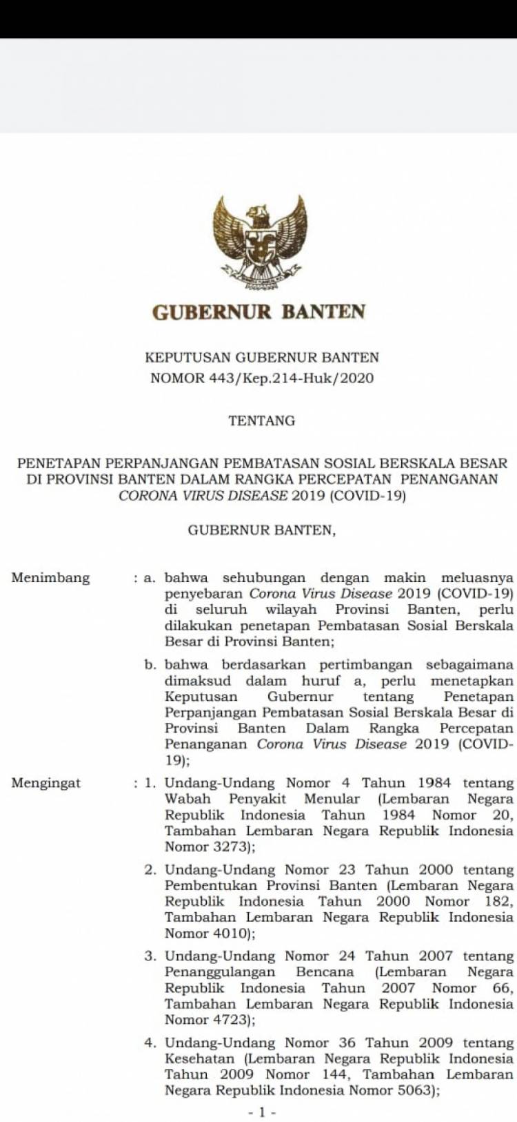 Gubernur Wahidin: Perpanjang PSBB Provinsi Banten Sebulan Penuh